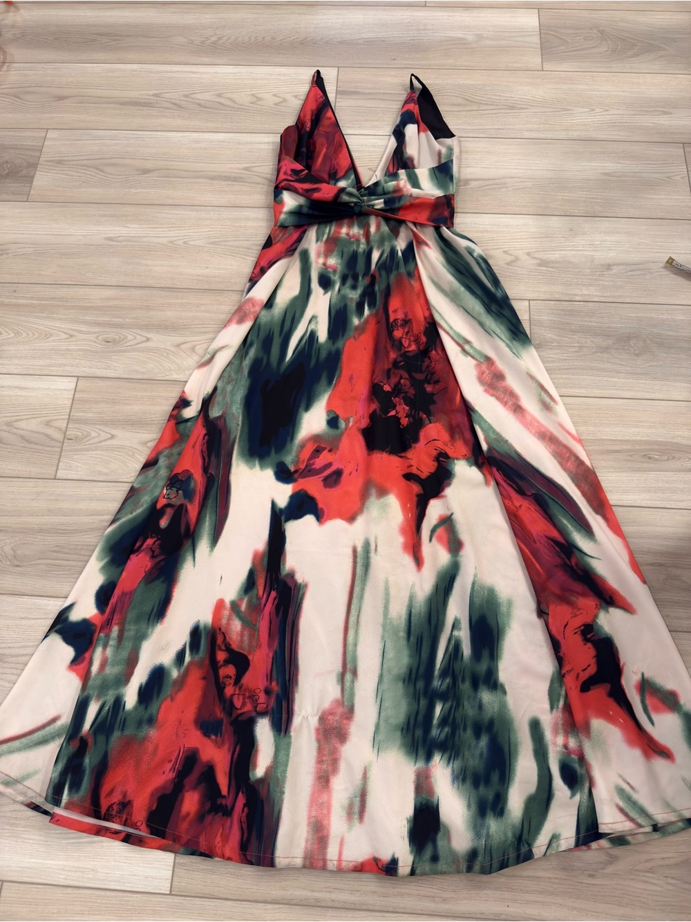 Luxxel Red, Green & White Abstract V-Neck Maxi Dress